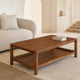 Matera Solid Wood Coffee Table from an alternate angle in a Mediterranean living room