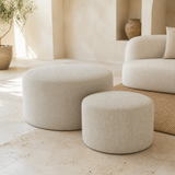 Matera two-piece round ottoman set from an alternate angle in a Mediterranean living room