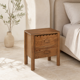 Matera Solid Timber Bedside Table from an alternate angle in a Mediterranean bedroom