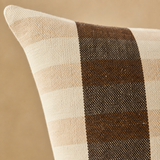 Addie Soft Cushion close-up showing brown and ivory woven texture and seam