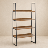 Alessia timber and black metal shelving unit on a warm beige studio background