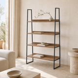 Alessia timber and black metal shelving unit styled in a warm Mediterranean living room