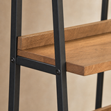 Alessia shelving close-up showing natural timber grain, black metal frame and fasteners