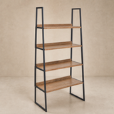 Alessia timber and black metal shelving unit from a three-quarter angle