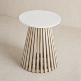 Amalfi marble and pale oak side table from an elevated three-quarter angle