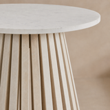Amalfi side table close-up showing white marble and pale oak slatted base