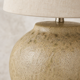 Close-up of Amour Lamp natural reactive ceramic glaze and linen shade