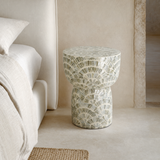 Aria mother-of-pearl mosaic stool in a European coastal bedroom