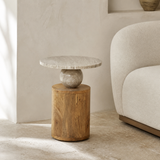 Assisi Marble & Timber Side Table in a premium Mediterranean living room