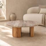 Aurelia Marble and Curved Acacia Coffee Table in a premium Mediterranean living room