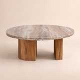 Aurelia Marble and Curved Acacia Coffee Table in warm beige Elara studio