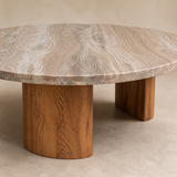 Close-up of Aurelia Coffee Table marble veining, rounded edge and acacia wood grain