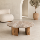 Aurelia Marble and Curved Acacia Coffee Table from an elevated alternative angle
