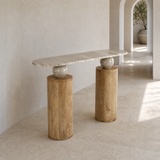 Avellino Marble Console Table from an elevated side angle in a European gallery interior