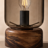 Close-up of the Belize lamp smoky glass, filament bulb, black socket and natural wood grain