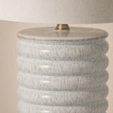 Close-up of Bern Blue lamp reactive ceramic glaze, rounded ribs and linen shade