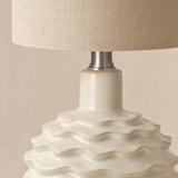 Close-up of Bern Green lamp wavy ceramic glaze, brushed nickel collar and linen shade