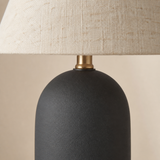 Close-up of Bern Pink lamp matte charcoal ceramic, aged brass and natural linen