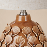 Close-up of Bern Yellow lamp caramel glaze, ribbed shell reliefs and brushed nickel