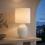 Braid Ceramic Lamp glowing in Mediterranean blue-hour interior