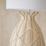Close-up of Cali lamp natural rattan weave, diamond lattice and woven neck