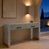 Camano console table in a Mediterranean foyer at blue hour