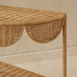 Close-up of Capua console handwoven rattan scallops and wrapped edge