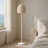Carter cream beaded floor lamp in a serene coastal bedroom