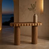 Chelsia Timber Console Table in a Mediterranean interior at blue hour
