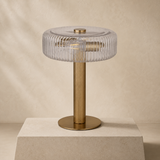 Deluca gold metal and ribbed glass lamp in warm beige Elara studio