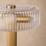 Close-up of Deluca ribbed glass shade and finely fluted gold column