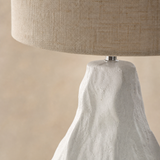 Close-up of Etna Ceramic Table Lamp white ceramic and natural linen finishes