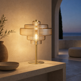 Franklin Amber Glass and Metal Lamp illuminated at blue hour