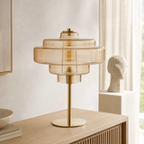 Franklin Amber Glass and Metal Lamp in a minimalist European interior