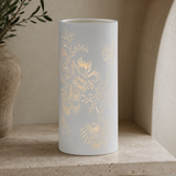 Gia White Porcelain Table Lamp glowing in a premium Mediterranean interior