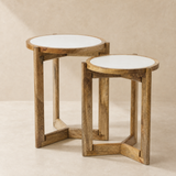 Henley marble and timber nesting tables on warm beige Elara studio set
