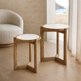 Henley marble and timber nesting tables in European coastal reading corner