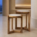 Henley marble and timber nesting tables in minimalist evening lounge