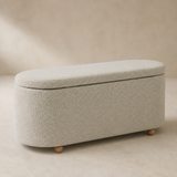 Hostia oak and linen bench on warm beige Elara studio set