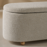 Hostia bench close-up of natural linen weave, lid seam and oak bun foot