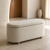 Hostia oak and linen bench in minimalist European entrance hall