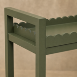 Hudson bar trolley close-up of olive matte finish and scalloped tray edge