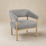 Hyatt grey woven occasional chair on warm beige Elara studio set