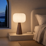 Kessler Ceramic Table Lamp Natural in a Mediterranean bedroom at blue hour