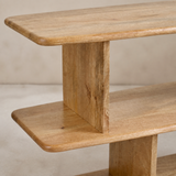 Lucia White — close-up of natural wood grain, rounded shelf edge and slab support