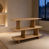 Lucia White — natural wood three-tier shelving unit in a refined evening interior