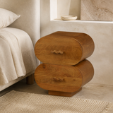 Lugano walnut bedside table with two capsule drawers in a premium Mediterranean bedroom