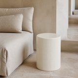 Majolica ivory ceramic tile stool in a premium Mediterranean interior