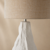 Malmo ceramic lamp close-up showing linen, silver and hand-finished ceramic