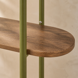 Moreno shelf wood grain and olive metal finish detail